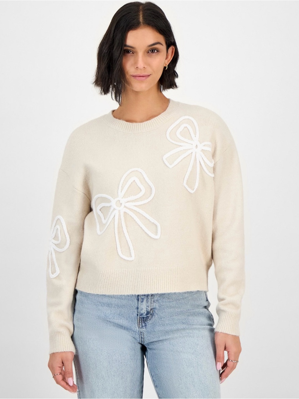 Hooked Up by IOT Juniors' Soutache Bow Crewneck Sweater